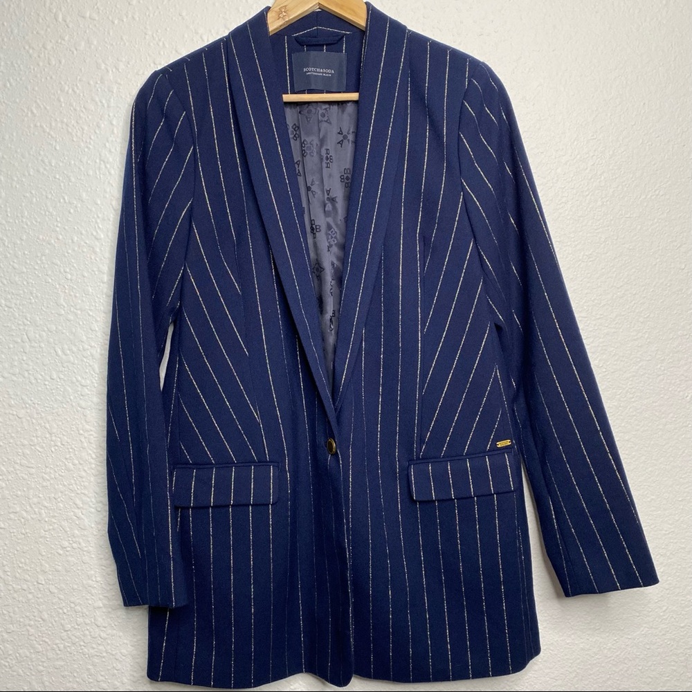NWT Scotch & Soda navy blue blazer w/gold pinstripes, single button closure sz M